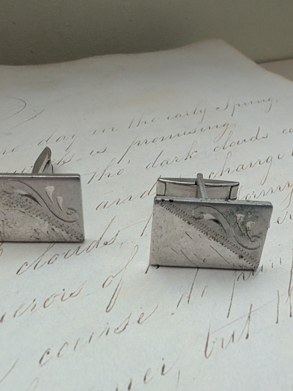 Silvertone Engraved Rectangle Cufflinks - Silver